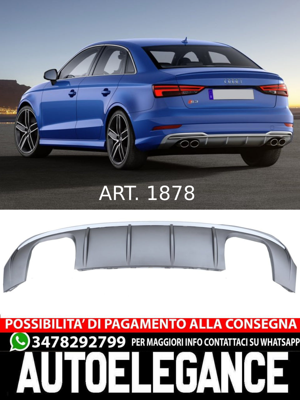 DIFFUSER suitable for Audi A3 8V 2016-2020 SEDAN CABRIO SLINE LOOK S3