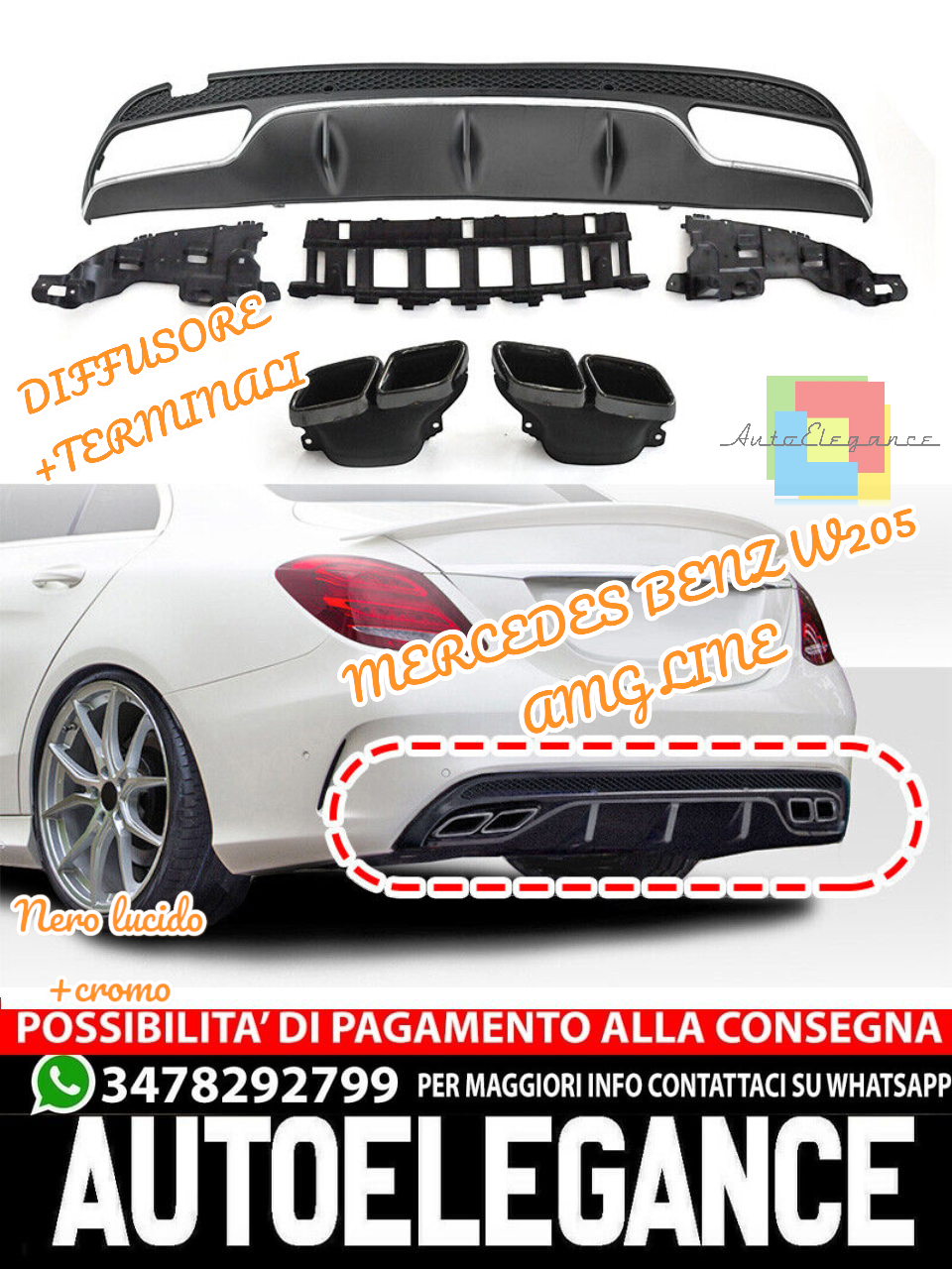 🔥DIFFUSORE+TERMINALI ADATTO PER MERCEDES BENZ W205 NERO LUCIDO+CROMATO🔥