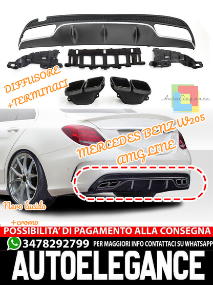 🔥DIFFUSORE+TERMINALI ADATTO PER MERCEDES BENZ W205 NERO LUCIDO+CROMATO🔥