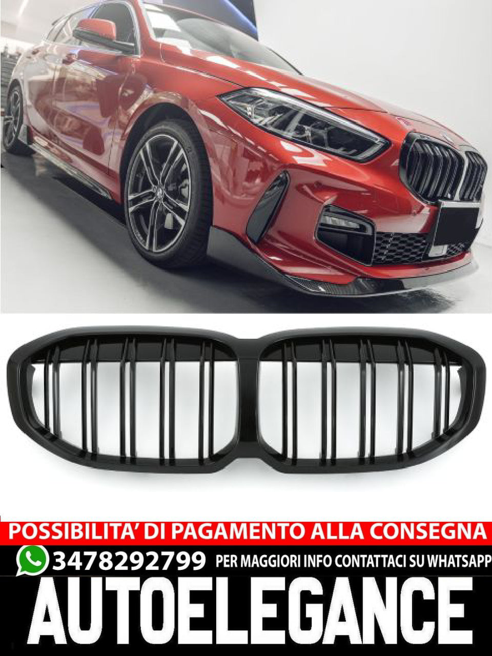 ⏩GRIGLIA DEL RADIATORE DOPPIA STAFFA NERA LUCIDA ADATTO PER BMW SERIE 1 F40 F41⏩