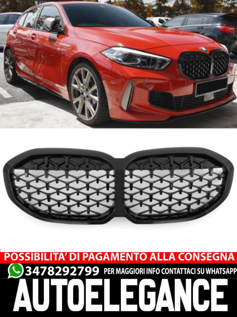 ⭐GRIGLIA RADIATORE DIAMOND NERO LUCIDO ADATTO PER BMW SERIE 1 F40 F41⭐