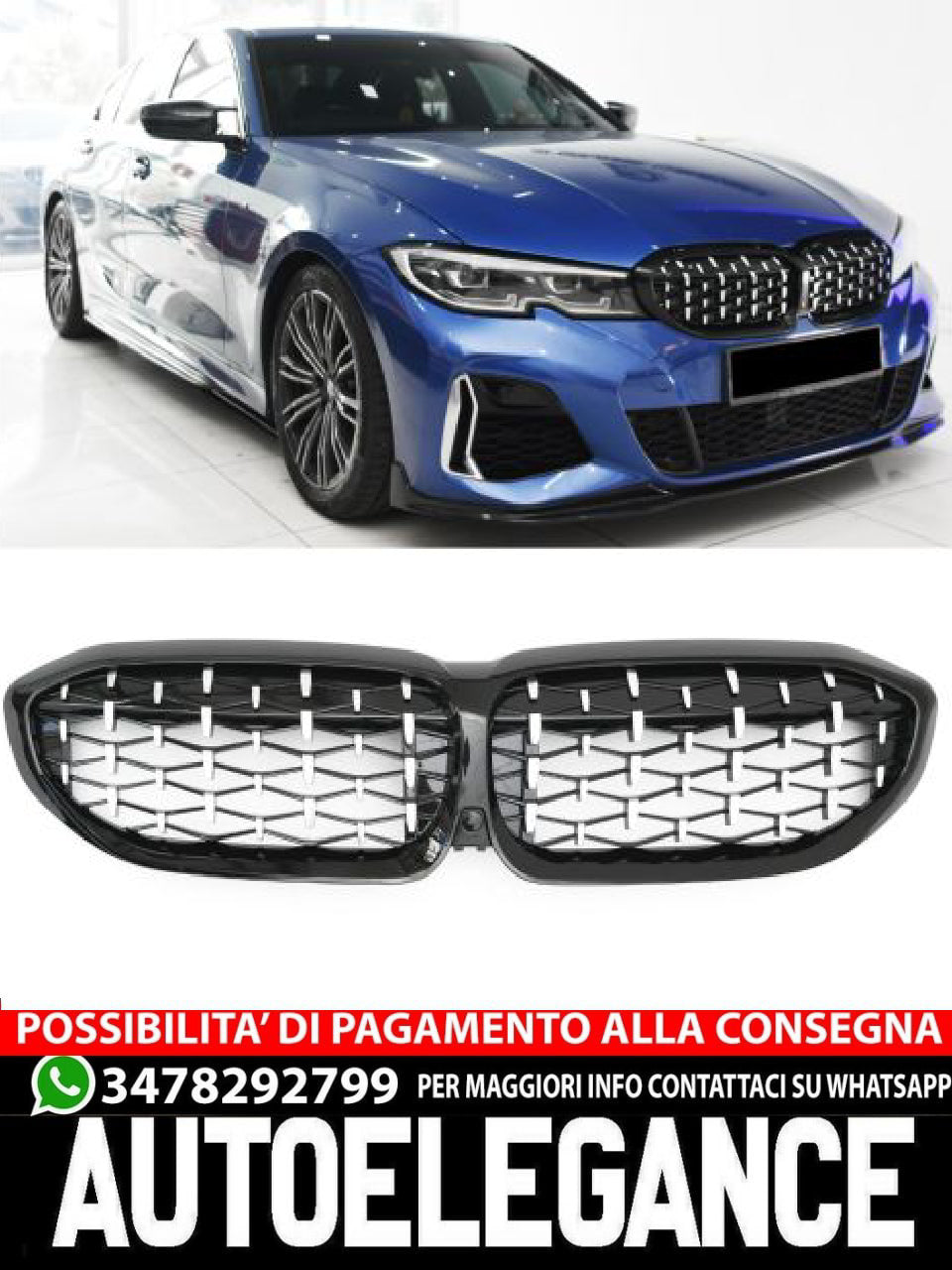 ✨GRIGLIA DIAMANTE CROMO NERO ADATTO PER BMW SERIE 3 G20 G21 PRE-LCI✨