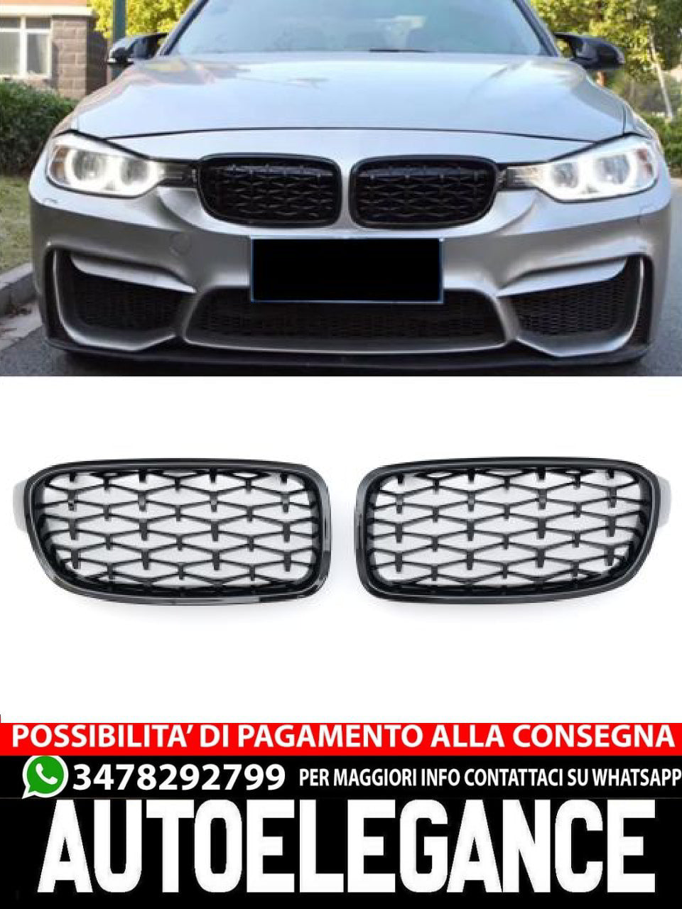 ✨GRIGLIA SPORTIVA DIAMANTE NERO LUCIDO ADATTO PER BMW SERIE 3 F30 F31 SPORT✨