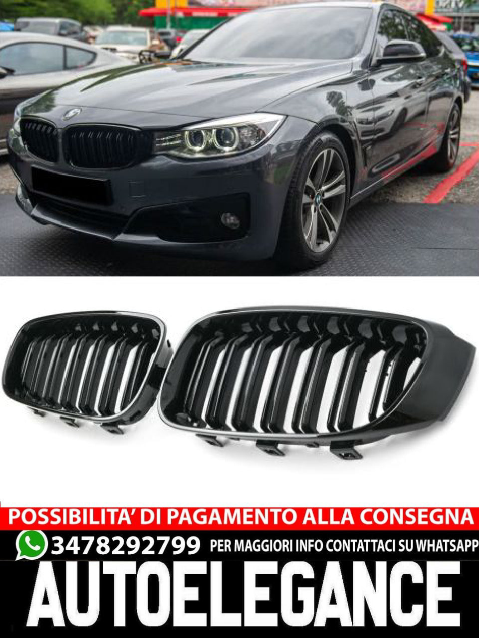 ✨GRIGLIA DOPPIO PONTE NERO LUCIDO ADATTO PER BMW F34 GT SPORT ✨