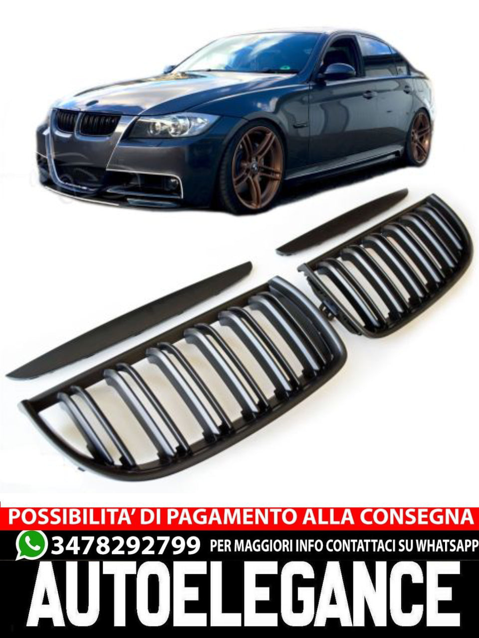 🤩GRIGLIA RADIATORE DOPPIA STRISCIA NERO OPACO ADATTO PER BMW E90 E91 2008+🤩