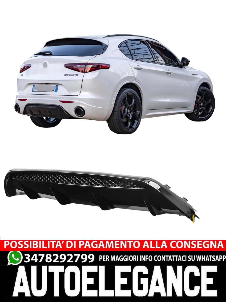 ⭐DIFFUSORE POSTERIORE ADATTO PER ALFA ROMEO STELVIO NERO LUCIDO DESIGN VELOCE⭐