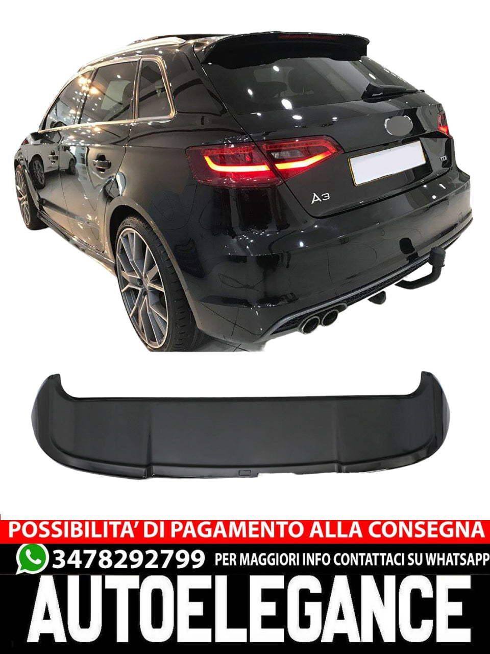 ⭐SPOILER POSTERIORE ADATTO PER AUDI A3 8V SPORTBACK 3 PORTE NERO LUCIDO⭐