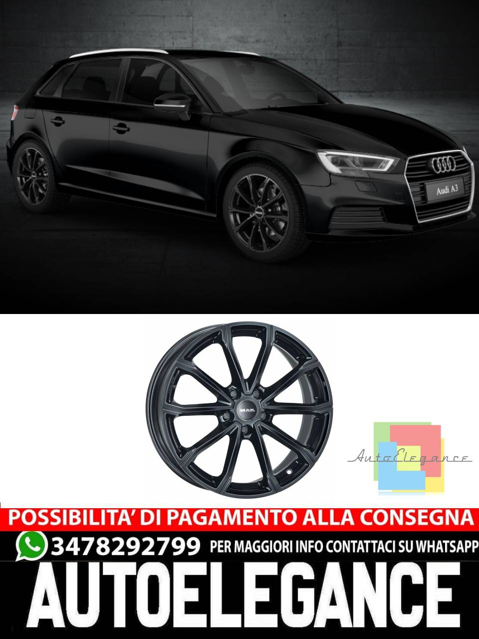 CERCHI CERCHIO IN LEGA 16" Adatto per AUDI A3 MAK DAVINCI NERO 16" 17" 18" 19"