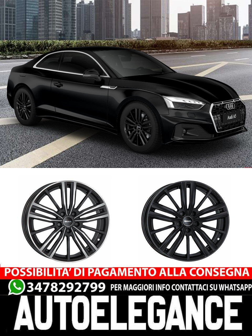 CERCHI CERCHIO IN LEGA 17" 18" Adatto per AUDI A5 MAK VIER NERO LUCIDO