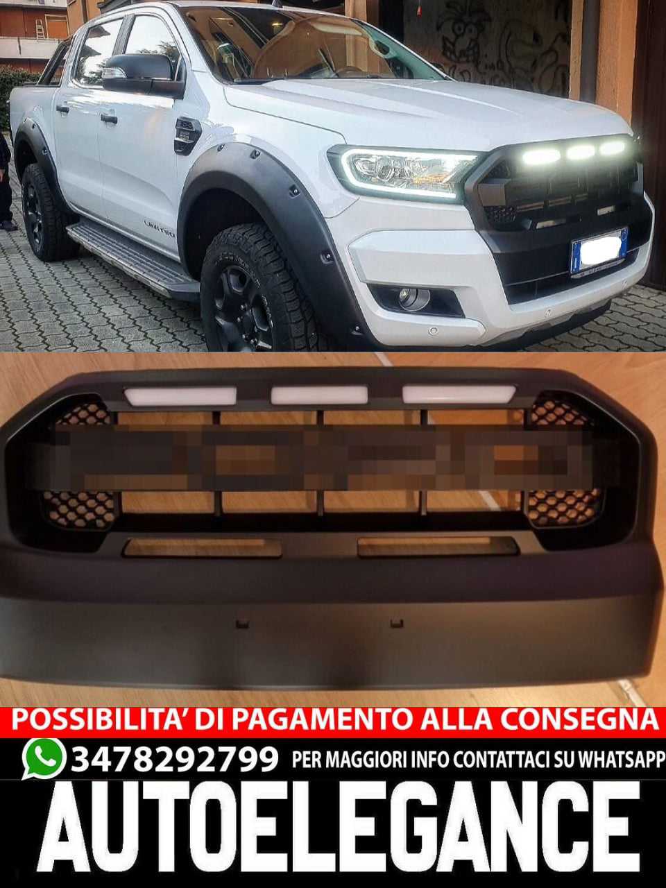 GRIGLIA MASCHERINA + LED NERO ADATTO PER FORD RANGER TK T6 T7 2015-2019