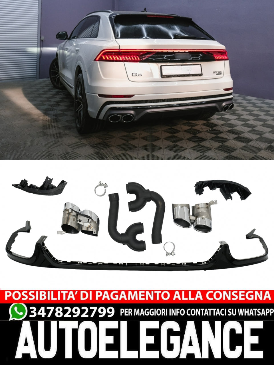 Rear Bumper Spoiler Valance Diffuser Double Outlet Suitable for Audi Q8 S-Line 2018