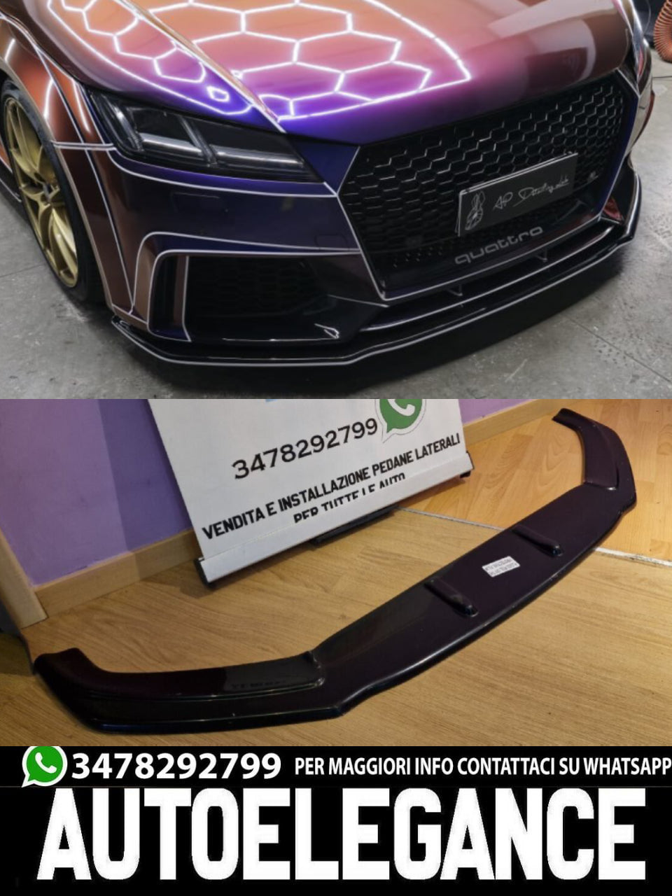 SPLITTER ANTERIORE PER AUDI TT FV MK3 2015+ ADATTO A PARAURTI RS NERO LUCIDO ABS