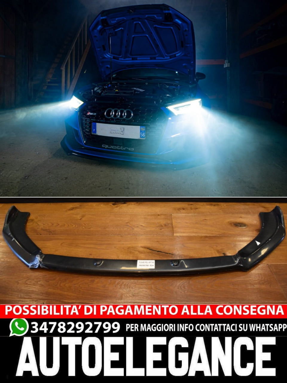 SPLITTER SOTTO PARAURTI ADATTO PER AUDI A3 8V 2017+ RS3 ABS LOOK NERO LUCIDO
