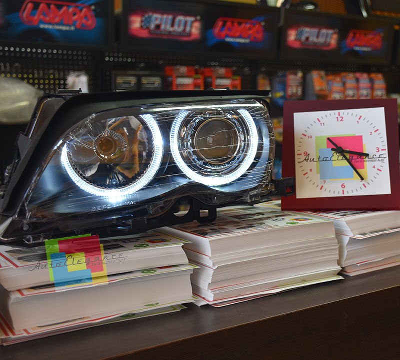 Fari anteriori Bmw e46 angel eyes Bianchi led berlina + station 01-05
