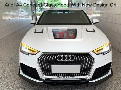 💎HOOD FOR AUDI A4 B9 2016-2019 GT LOOK GLASS AND ENGINE COVER💎