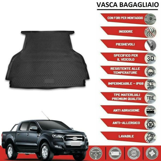 TAPPETO VASCA BAGAGLIAIO NERO Ford Ranger DAL 2011 in gomma con bordo