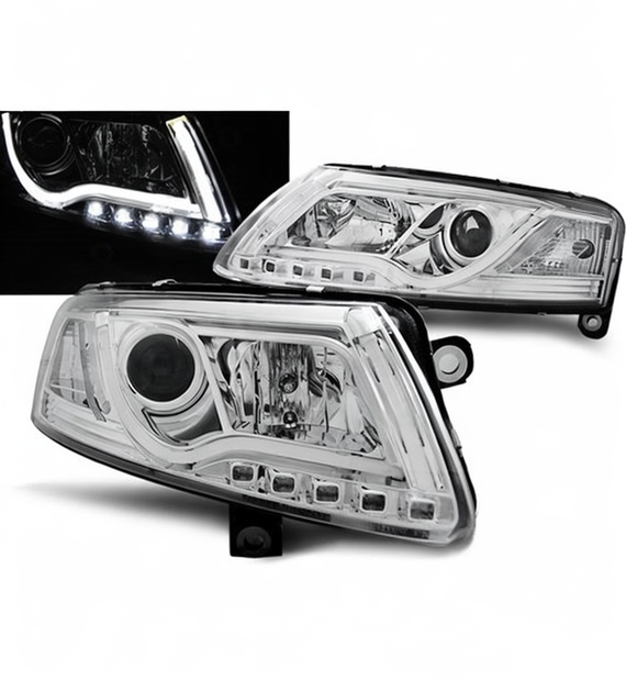 💕 Fari Anteriori Adatto per Audi A6 C6 2004-2008 Xenon Tube Light DRL Cromato 💕