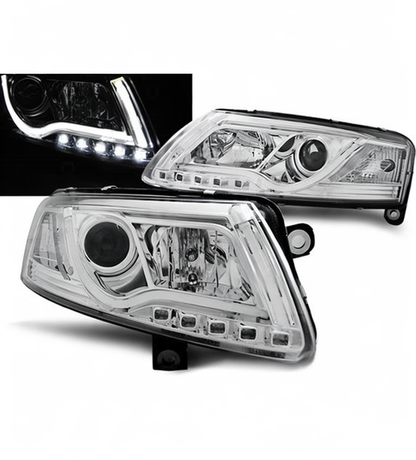 💕 Fari Anteriori Adatto per Audi A6 C6 2004-2008 Xenon Tube Light DRL Cromato 💕