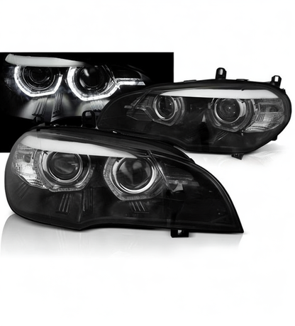 💕 Fari Anteriori Adatto per BMW X5 E70 07-10 Xenon DRL Angel Eyes Neri 💕