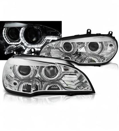💕 Fari Anteriori Adatto per BMW X5 E70 07-10 Xenon DRL Angel Eyes Cromati 💕