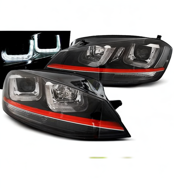 💕 Fari Anteriori Adatto per VW Golf 7 12-17 U-LED DRL Sport Neri Red Line 💕