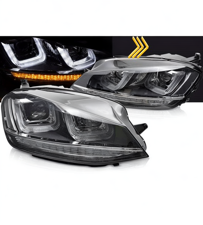 💕 Fari Anteriori Adatto per VW Golf 7 13-17 U-LED DRL Seq Neri Chrome Line 💕