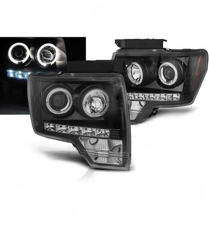 💕 Fari Anteriori Adatto per Ford F150 MK12 2008-2014 Angel Eyes LED Neri 💕