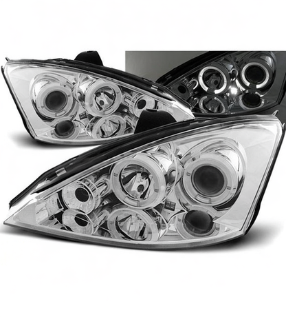 💕 Fari Anteriori Adatto per Ford Focus 01-04 Angel Eyes Cromo 💕