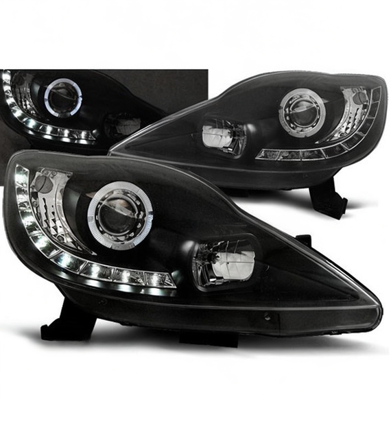 💕 Fari Anteriori Adatti per Peugeot 107 05-11 LED DRL Angel Eyes Neri 💕