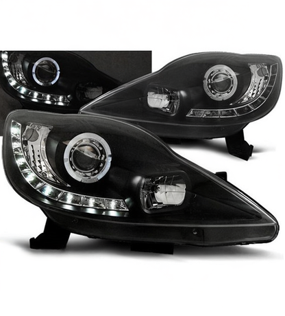 💕 Fari Anteriori Adatti per Peugeot 107 05-11 LED DRL Angel Eyes Neri 💕
