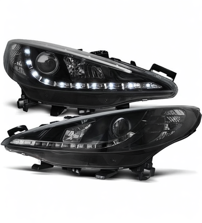 💕 Fari Anteriori Adatti per Peugeot 207 06-12 LED DRL Neri +Motor 💕