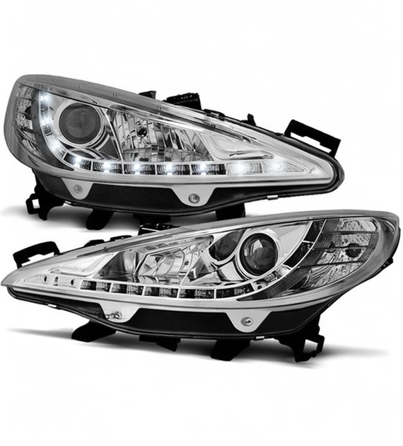 💕 Fari Anteriori Adatti per Peugeot 207 06-12 LED DRL Cromati +Motor 💕