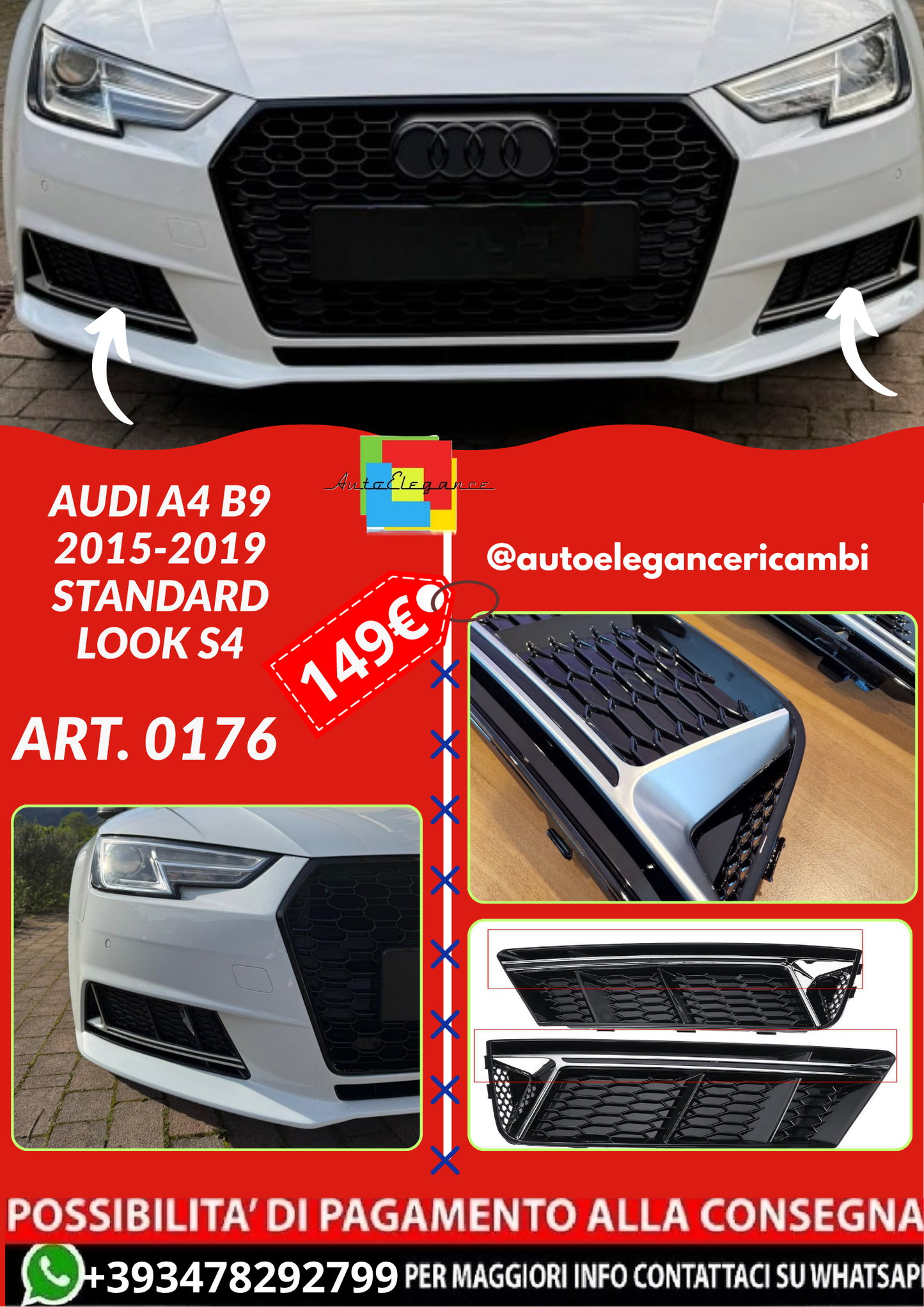 ART. 0176 GRIGLIE FENDINEBBIA AUDI A4 B9 2015-2019 STANDARD LOOK S4