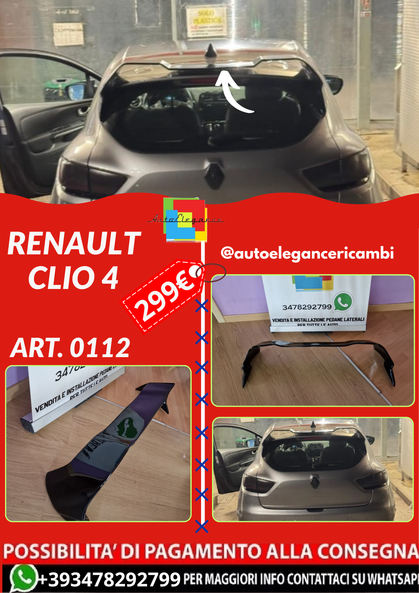 ART. 0112 SPOILER RENAULT CLIO 4 IV STANDARD LOOK R NERO LUCIDO