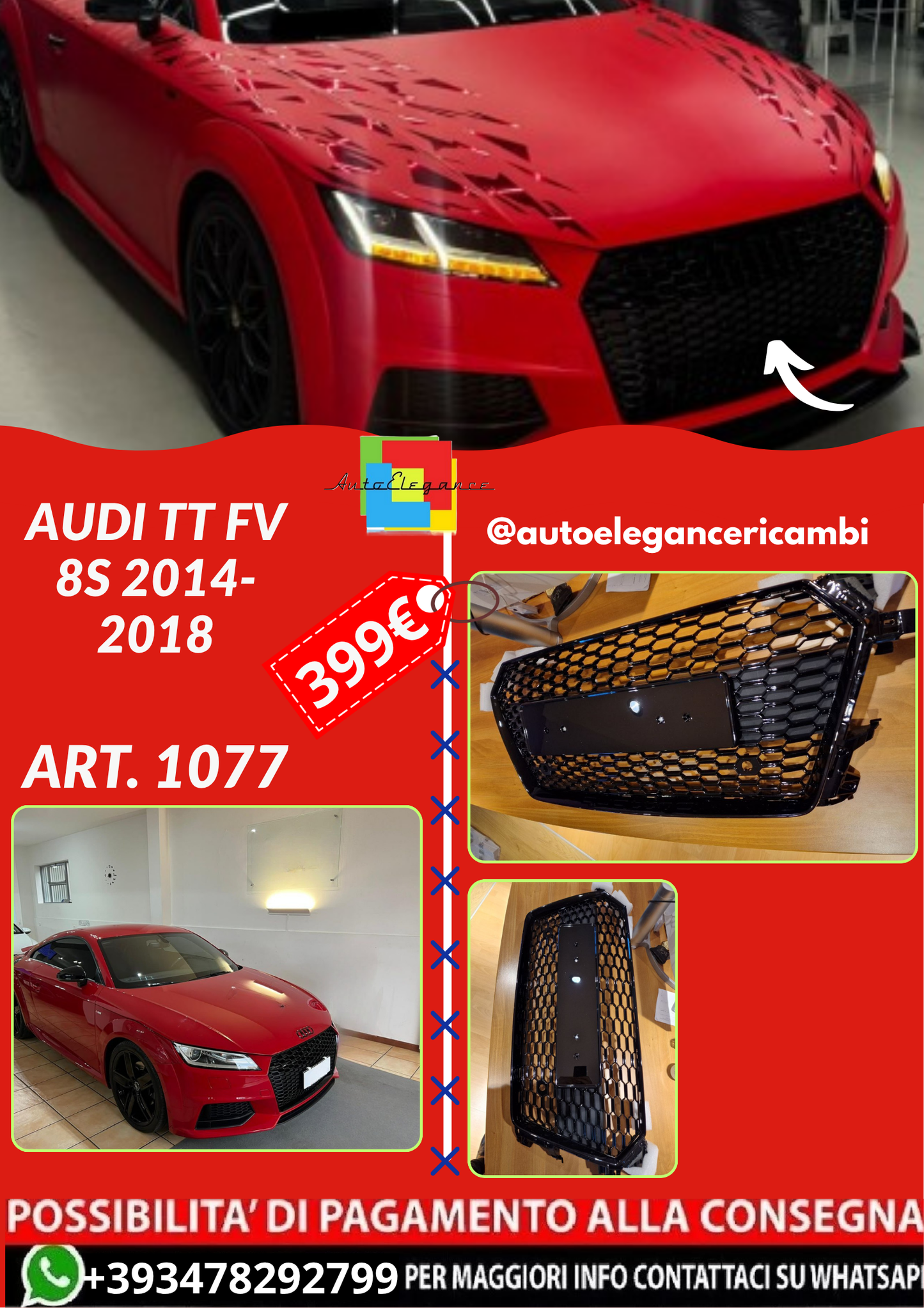 ART. 1077 GRIGLIA AUDI TT FV 8S 2014-2018 LOOK RSTT NERO LUCIDO