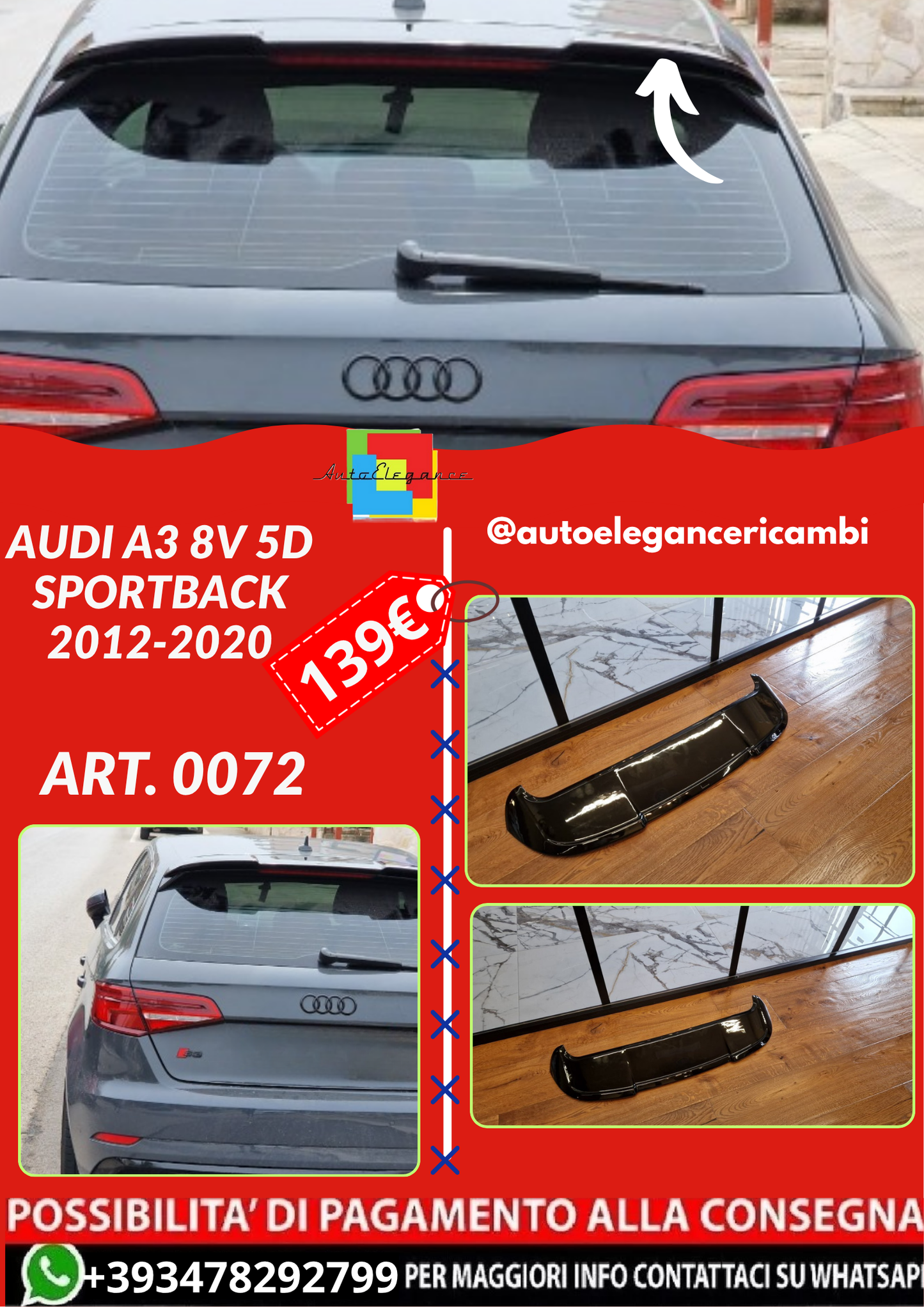 ART. 0072 SPOILER AUDI A3 8V 5D SPORTBACK 2012-2020 STANDARD LOOK RS3 NERO