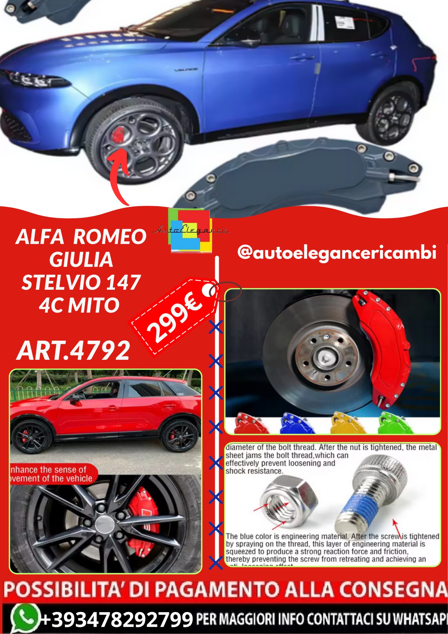 ART.4792 Freno Pinza Copertura ALFA  ROMEO Giulia Stelvio 147 4C MITO