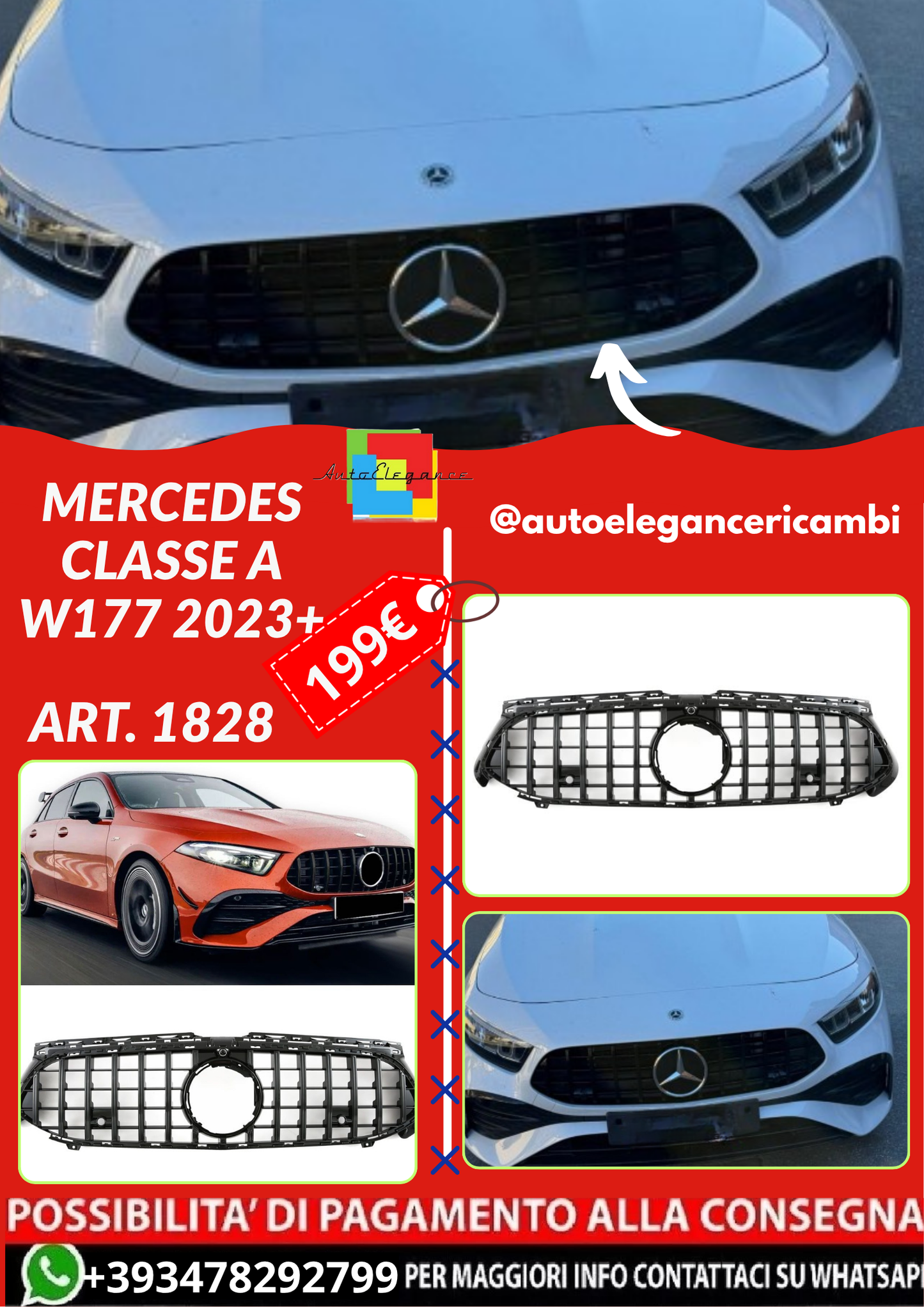 ART. 1828 GRIGLIA MERCEDES CLASSE A W177 2023+ LOOK AMG GT NERA