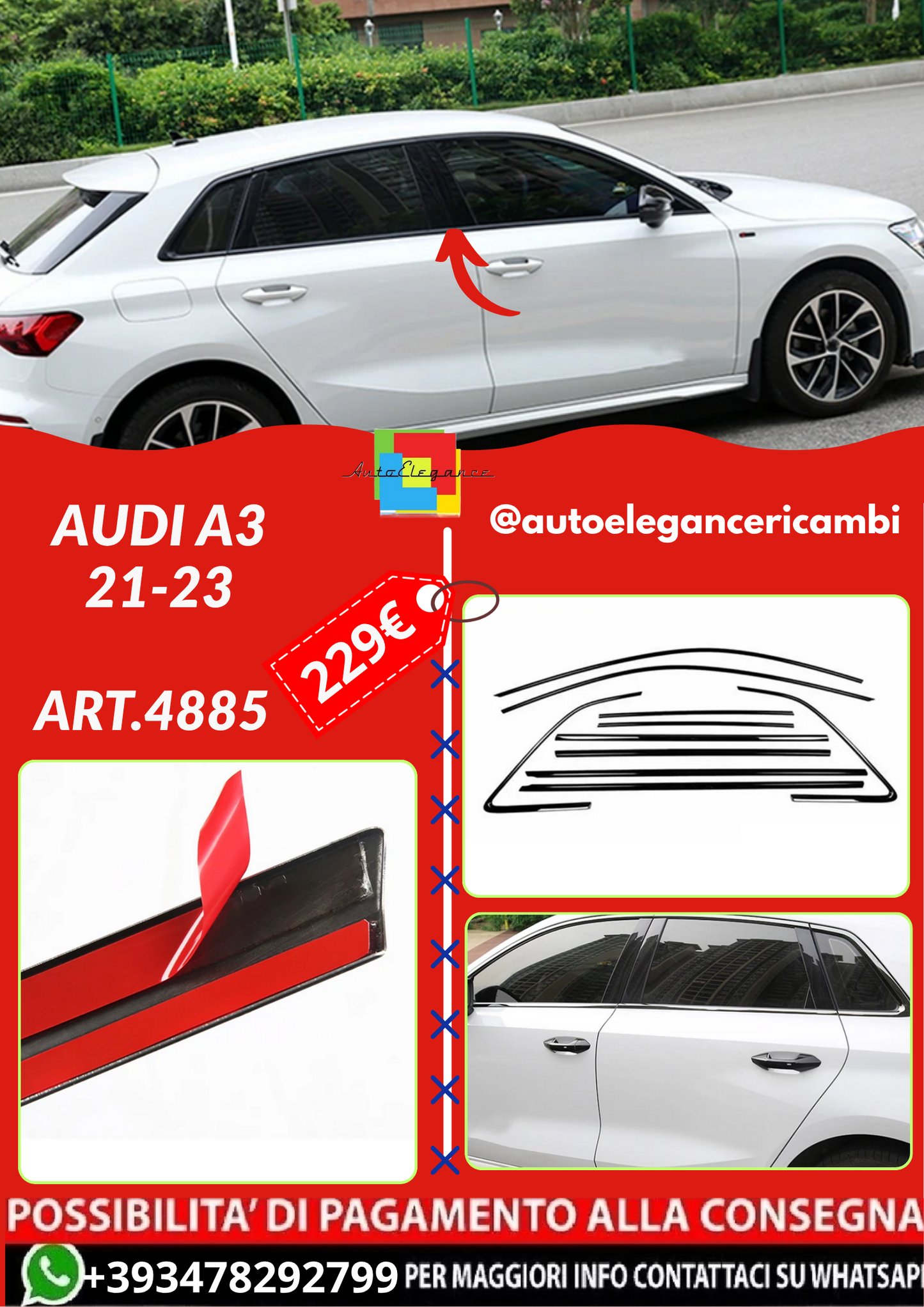 ART.4885  Cornici finestrini neri copertura adesiva window Audi A3  21-23