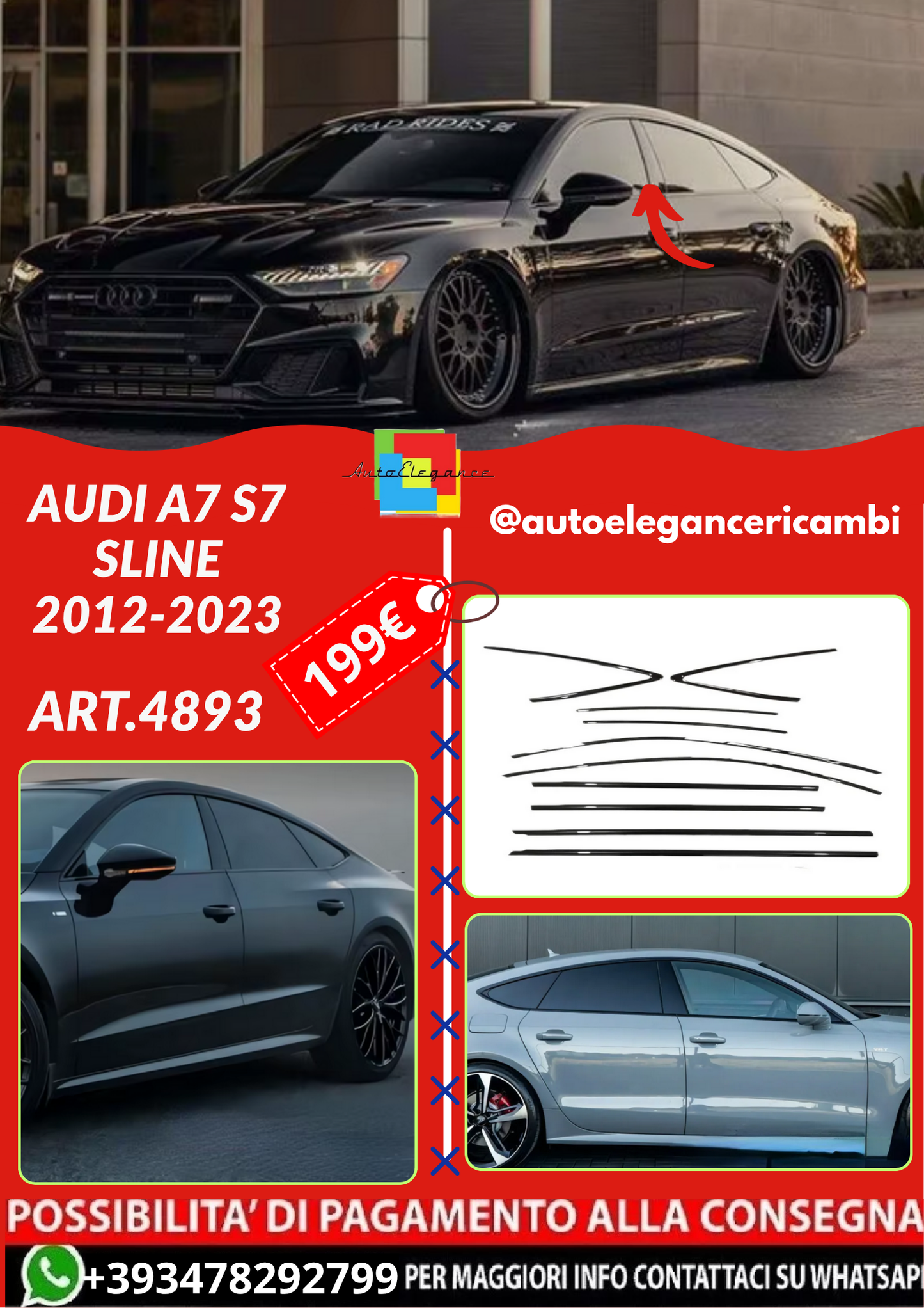 ART.4893 Cornici finestrini neri copertura adesiva window Audi A7 S7 12-23