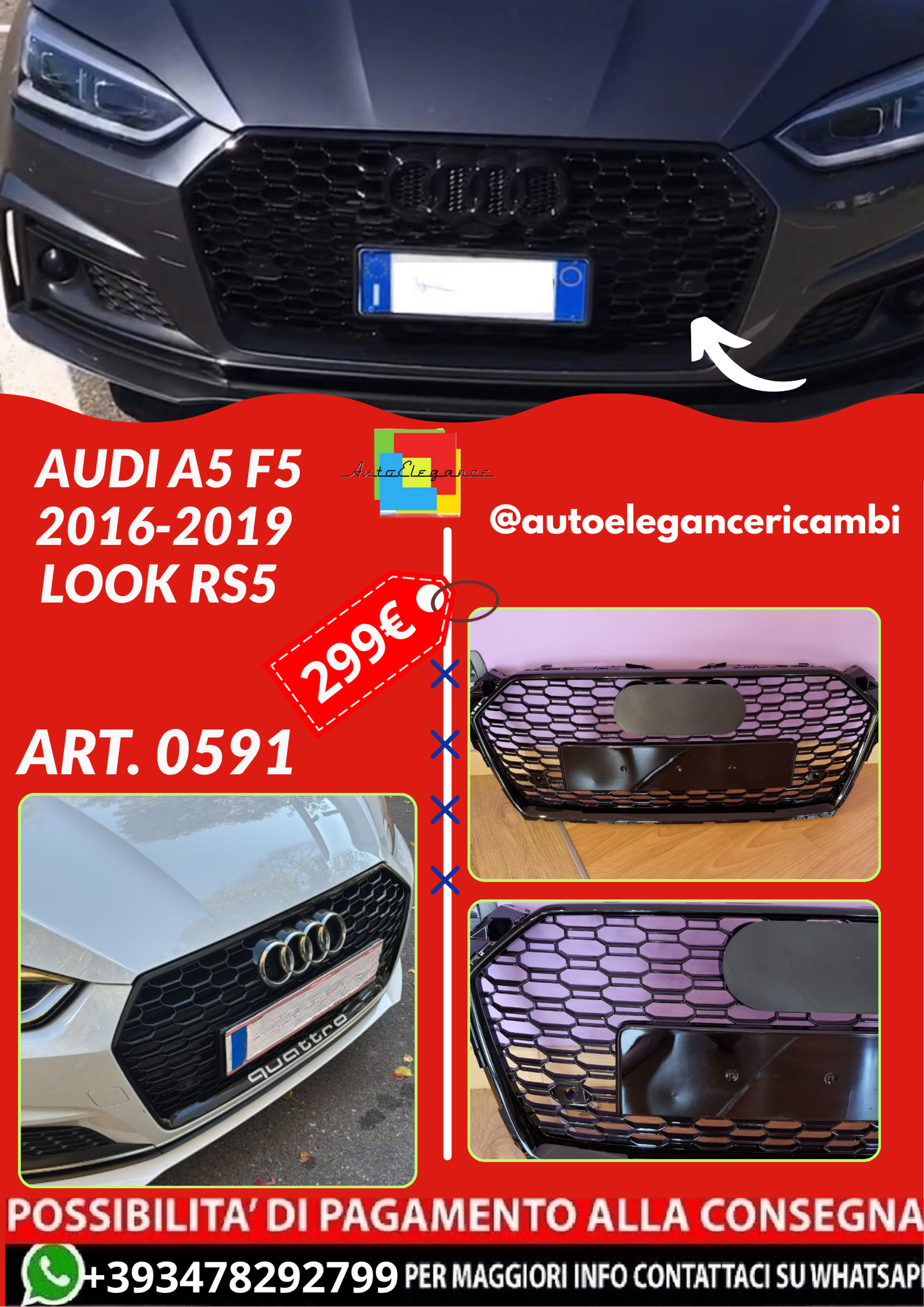 ART. 0591 GRIGLIA AUDI A5 F5 2016-2019 LOOK RS5 +SCRITTA QUATTRO LETTERE