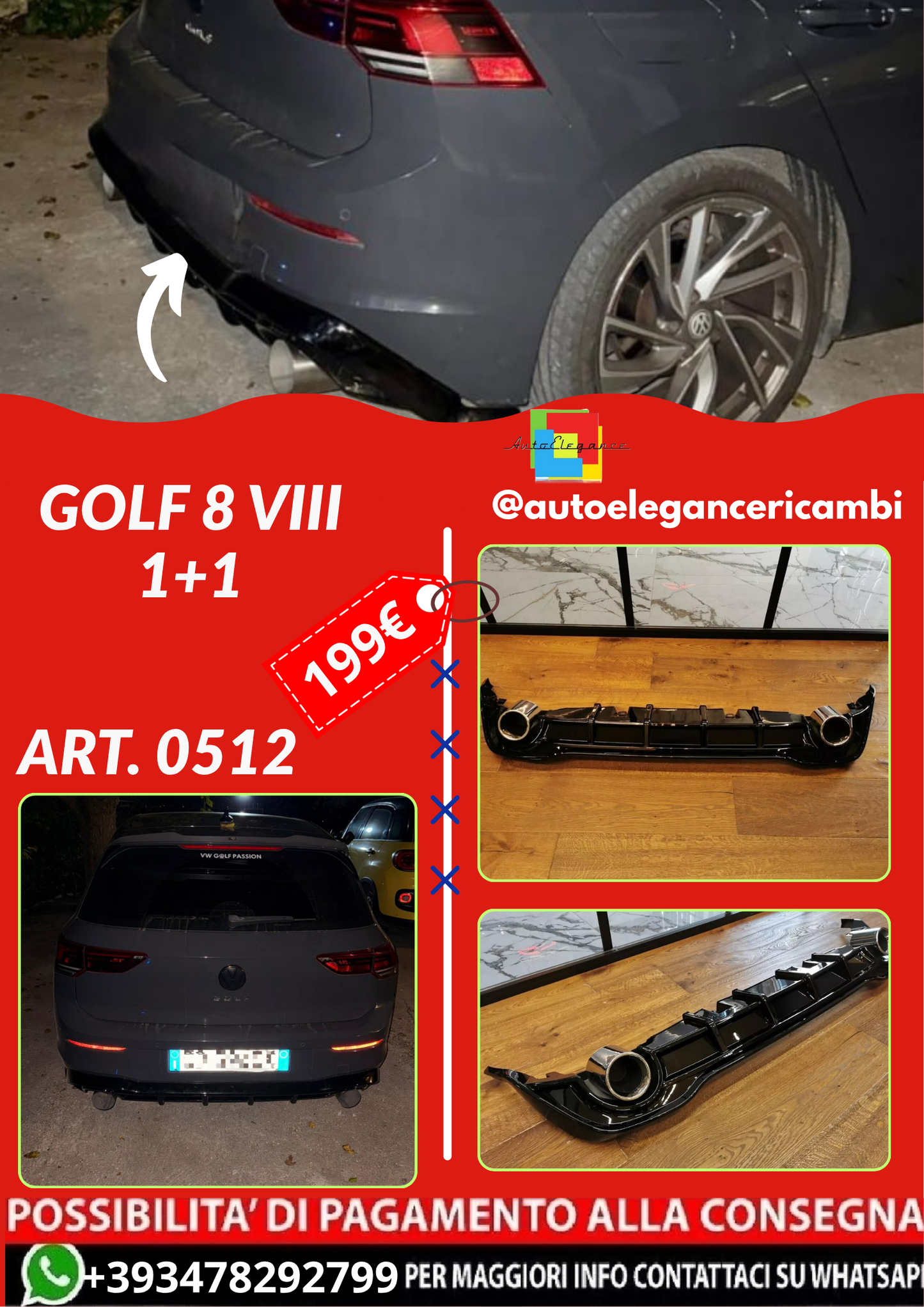 ART. 0512 DIFFUSORE GOLF 8 VIII 1+1 LOOK GTI NERO LUCIDO + TERMINALI
