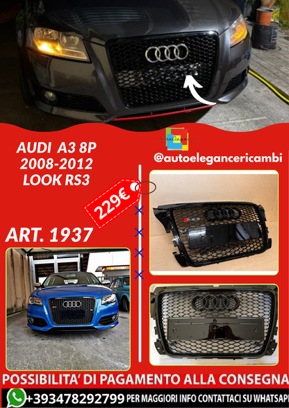 ART. 1937 GRIGLIA AUDI  A3 8P 2008-2012 LOOK RS3 NERO LUCIDO