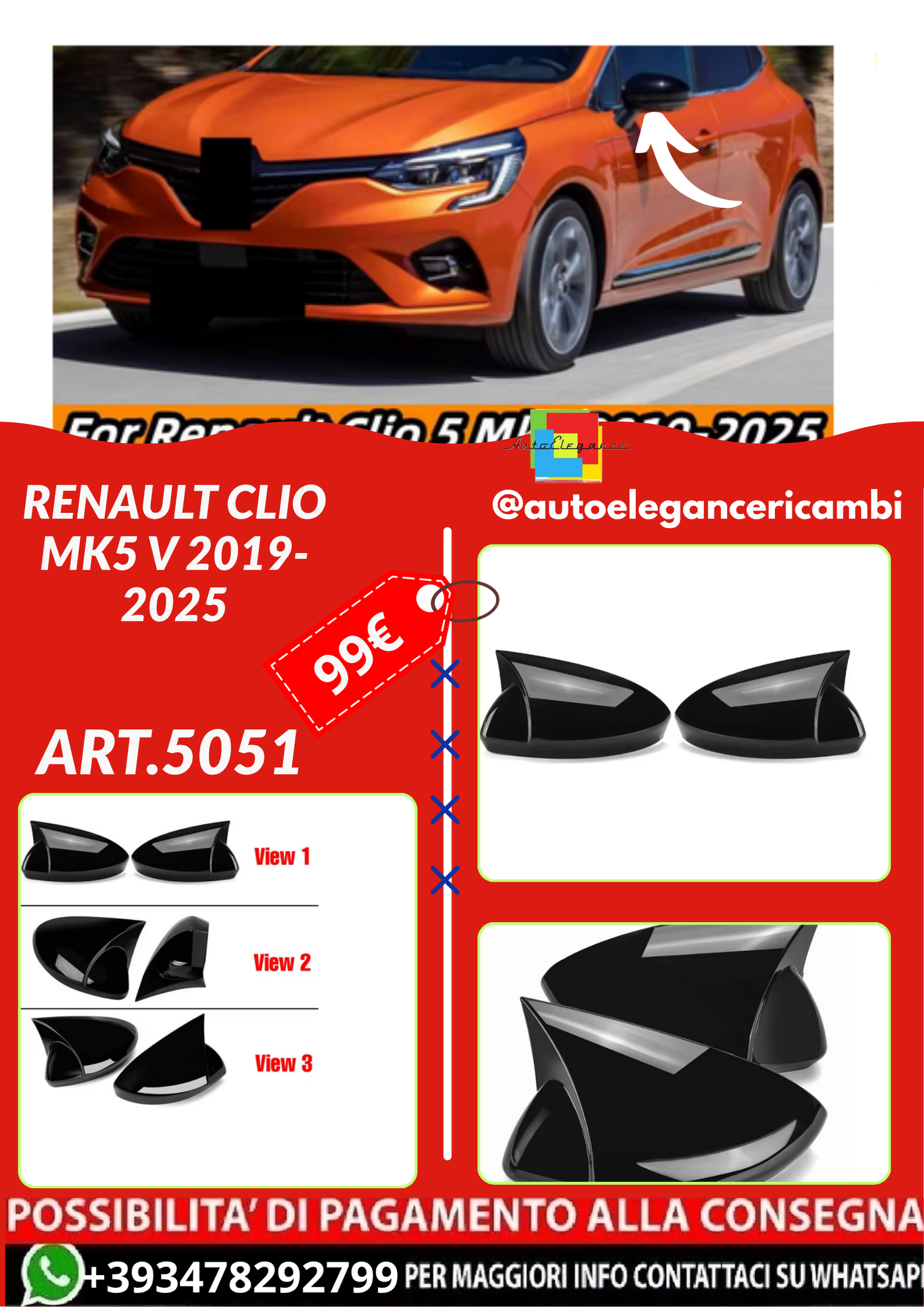 ART.5051  Copertura dello specchio laterale Renault Clio Mk5 V 2019-2025
