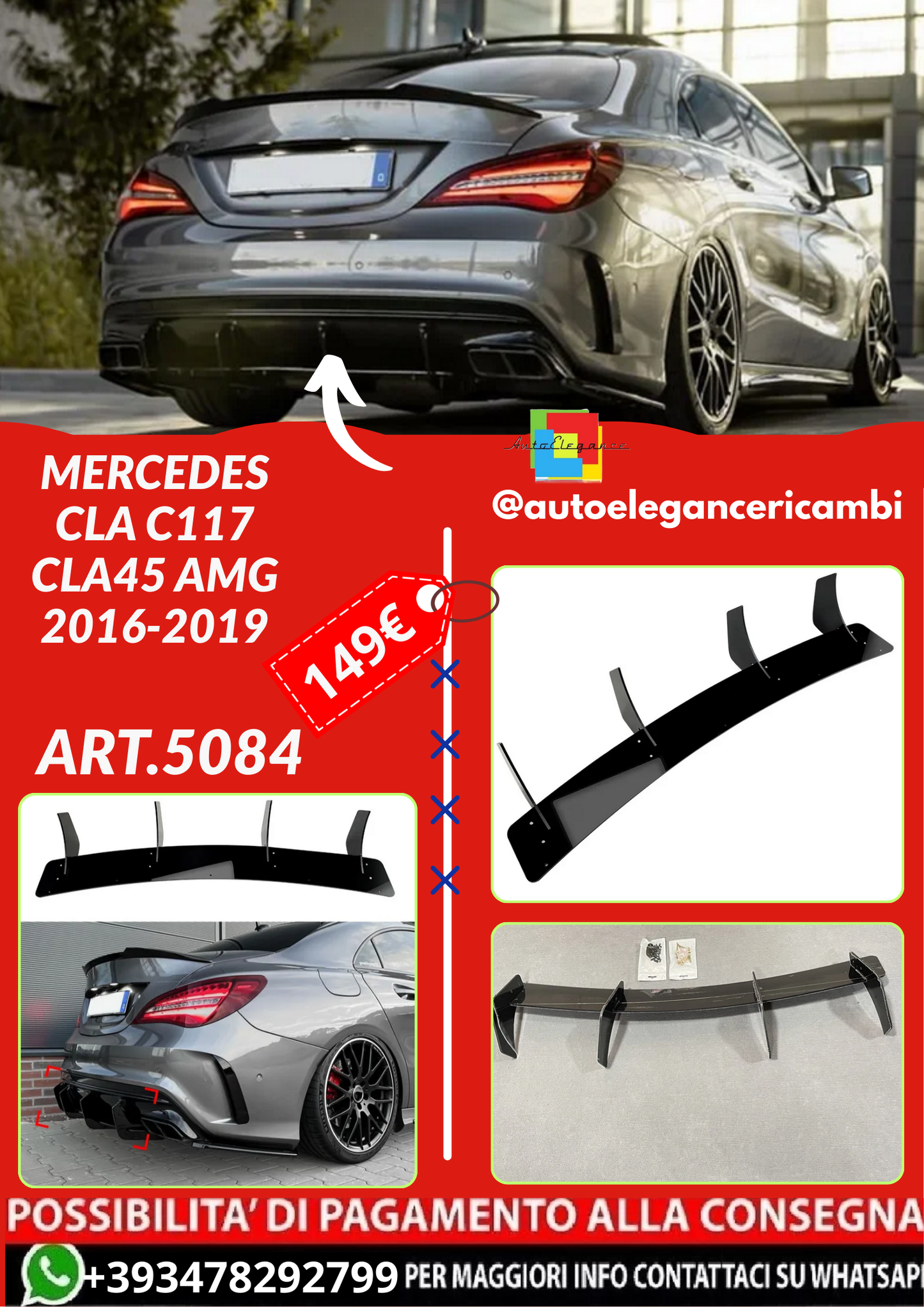 ART.5084 FLAP DIFFUSORE MERCEDES  CLA C117 CLA45 AMG 2016-2019 NERO LUCIDO
