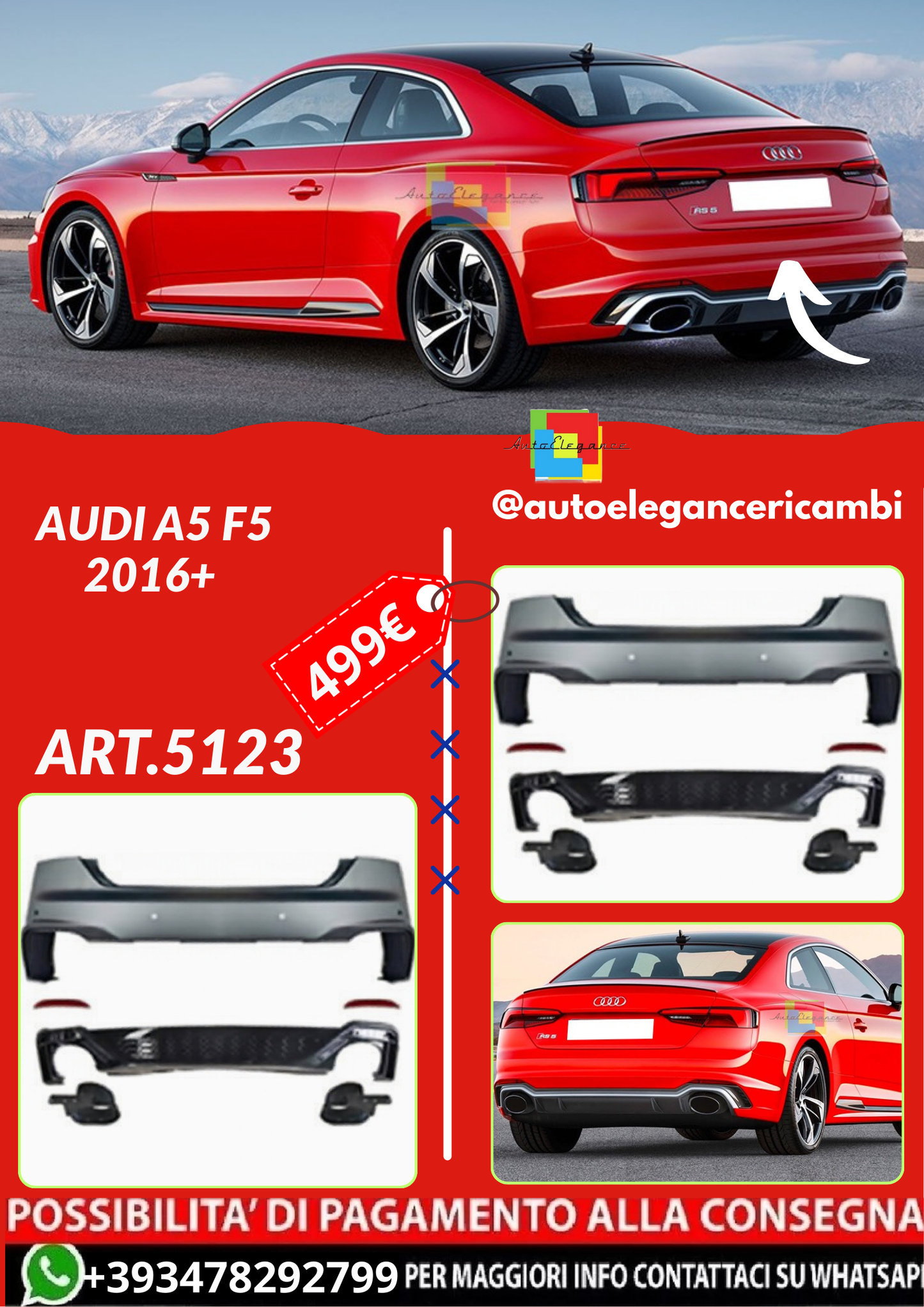 ART.5123 PARAURTI POSTERIORE AUDI A5 F5 2016+ SPORTBACK COUPE CABRIO LOOK RS