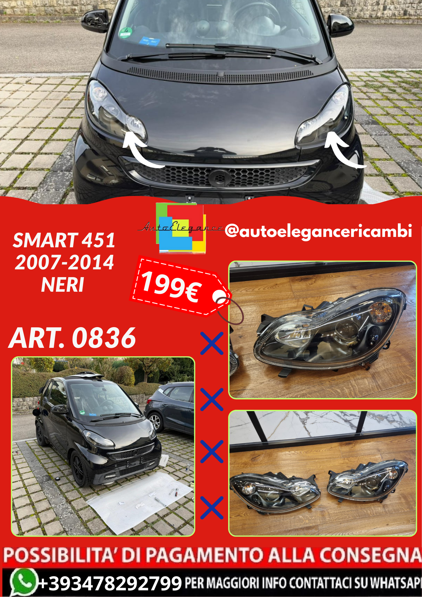 ART. 0836 FARI ANTERIORI SMART 451 2007-2014 Promozione Rotto Dal Trasporto