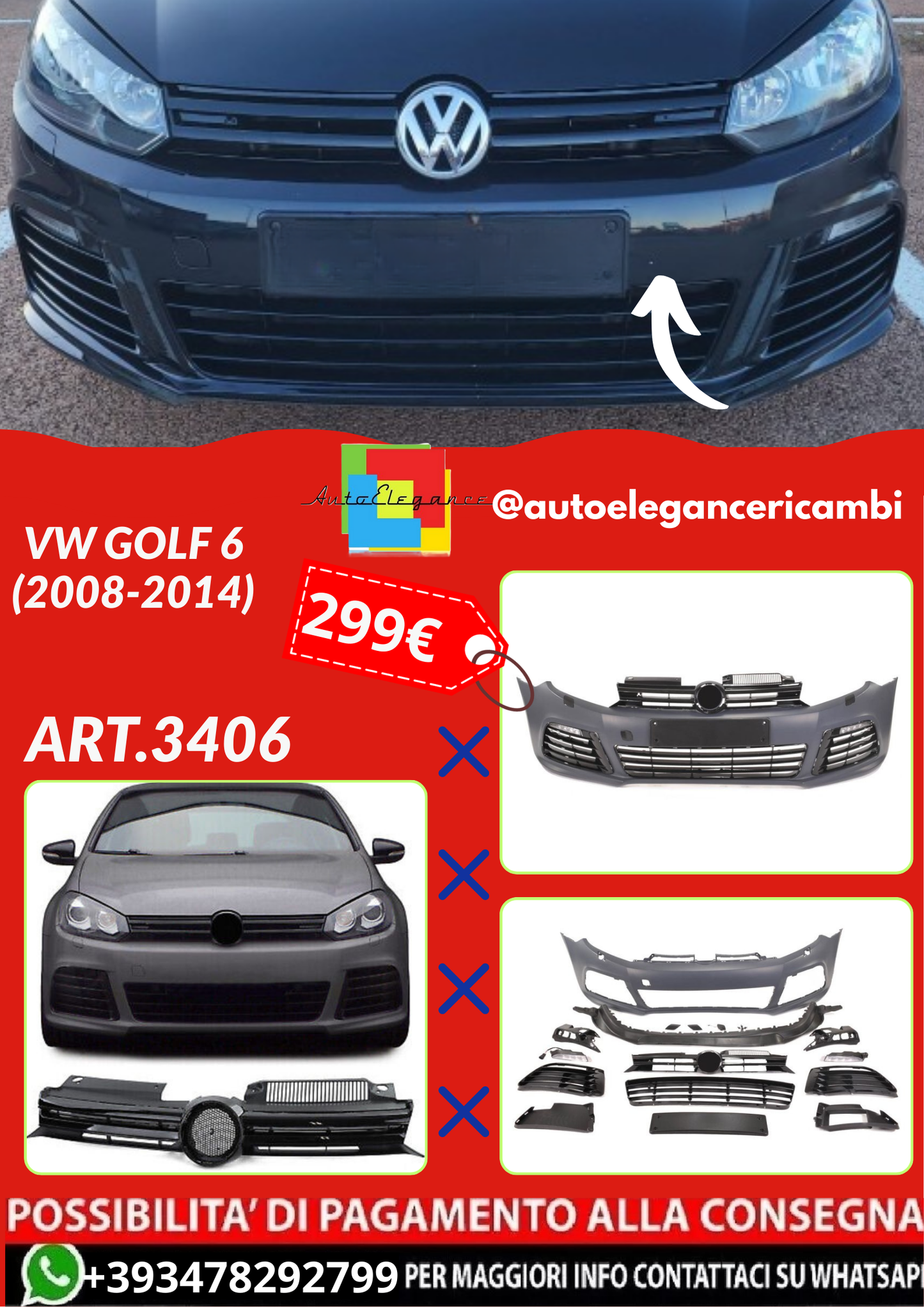 ART.3406 Paraurti anteriore R20 Look & DRL LED per VW Golf 6 (2008-2014)