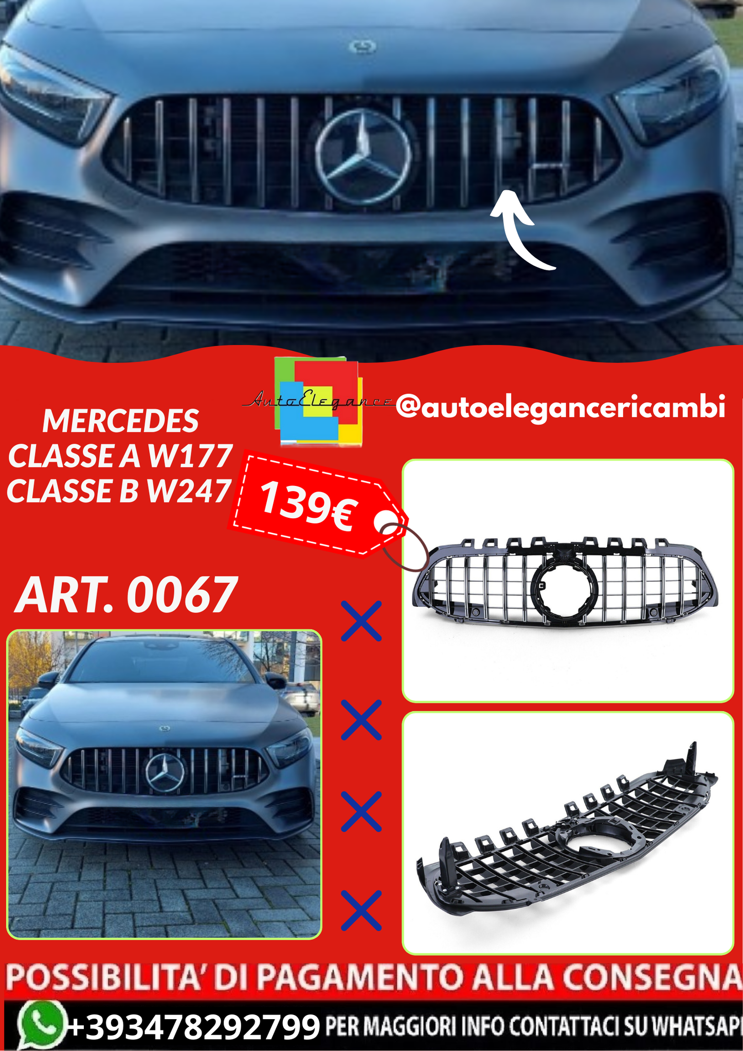 ART. 0067 GRIGLIA MERCEDES CLASSE A W177 CLASSE B W247 AMG LOOK GT CROMATA