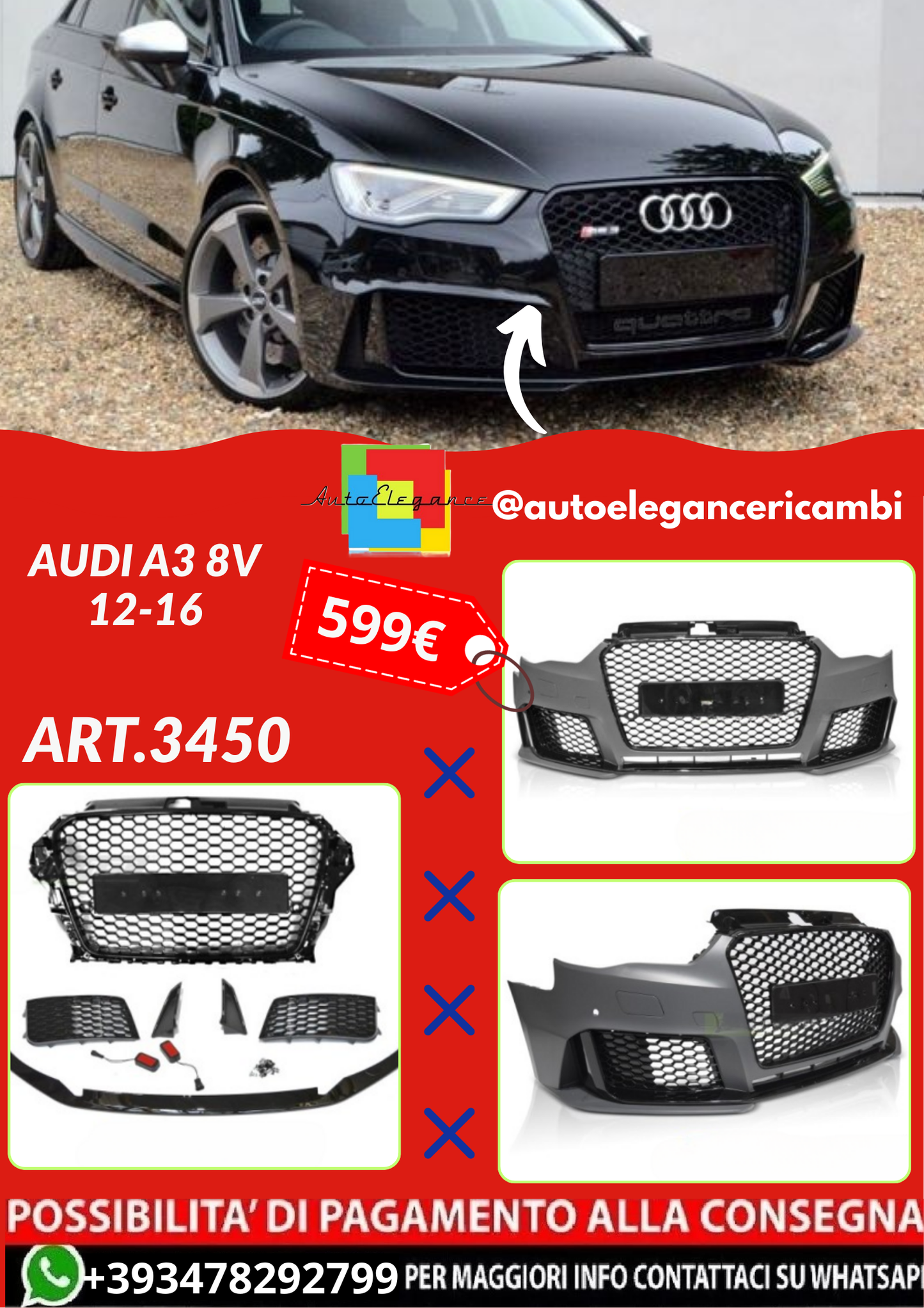 ART.3450  PARAURTI ANTERIORE SPORT PDC per AUDI A3 8V 12-16